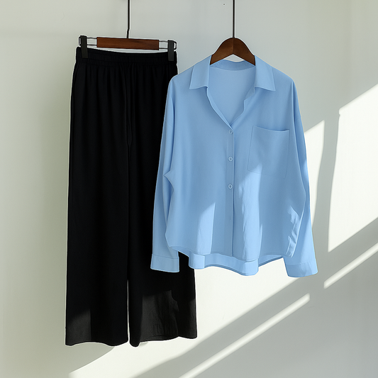 Sky Blue Button-Down Shirt & Black Trousers Set