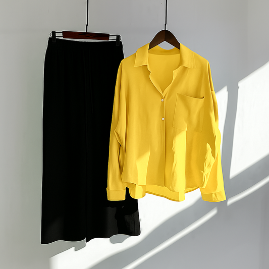 Yellow Button-Down Shirt & Black Trousers Set