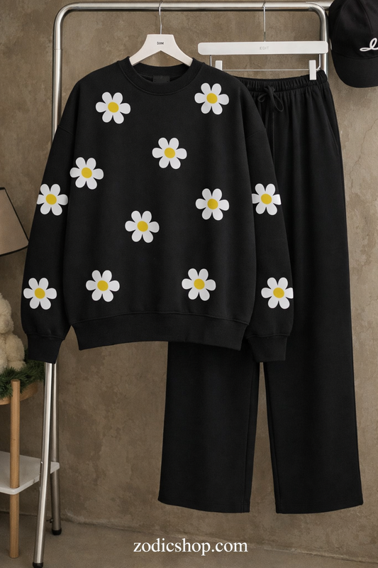 Black Daisy Sweatshirt & Trouser Combo