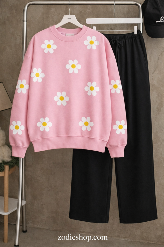 Baby Pink Daisy Sweatshirt & Trouser Combo
