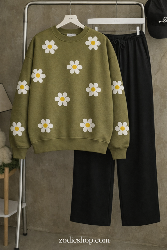 Mehndi Green Daisy Sweatshirt & Trouser Combo