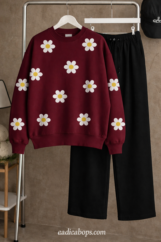 Burgundy Daisy Sweatshirt & Trouser Combo