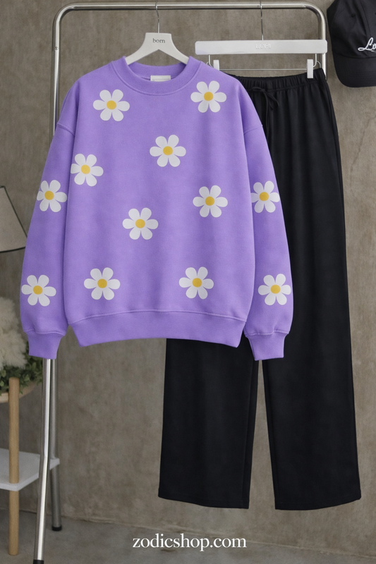 Lavender Purple Daisy Sweatshirt & Trouser Combo