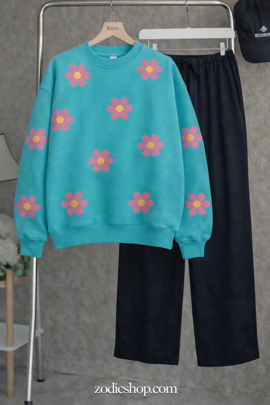 Turquoise Daisy Sweatshirt & Trouser Combo