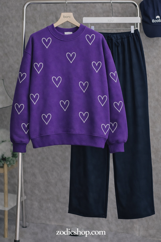 Heart Print Fleece Sweatshirt – Purple
