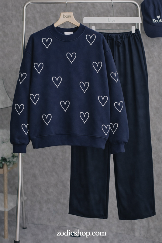 Heart Print Fleece Sweatshirt – Navy Blue