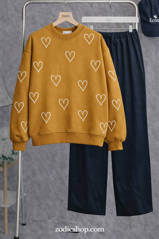Heart Print Fleece Sweatshirt – Mustard