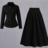 Black button-down & black Pleated Maxi Skirt Set