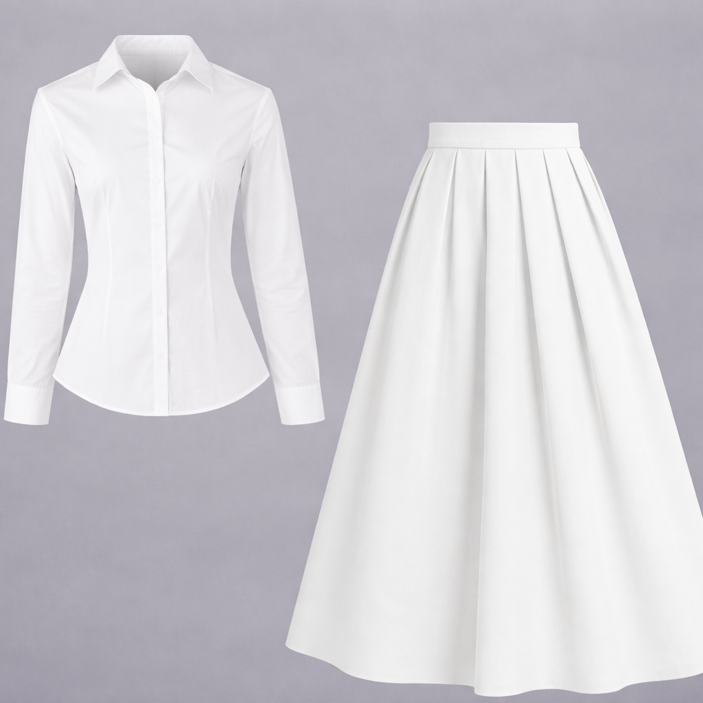 White Button Down Shirt & white Pleated Maxi Skirt Set
