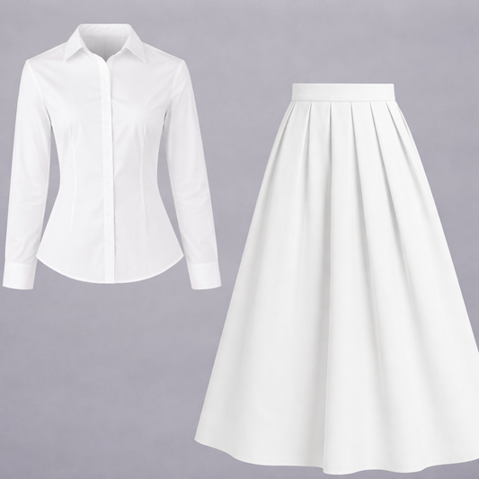 White Button Down Shirt & white Pleated Maxi Skirt Set