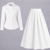 White Button Down Shirt & white Pleated Maxi Skirt Set