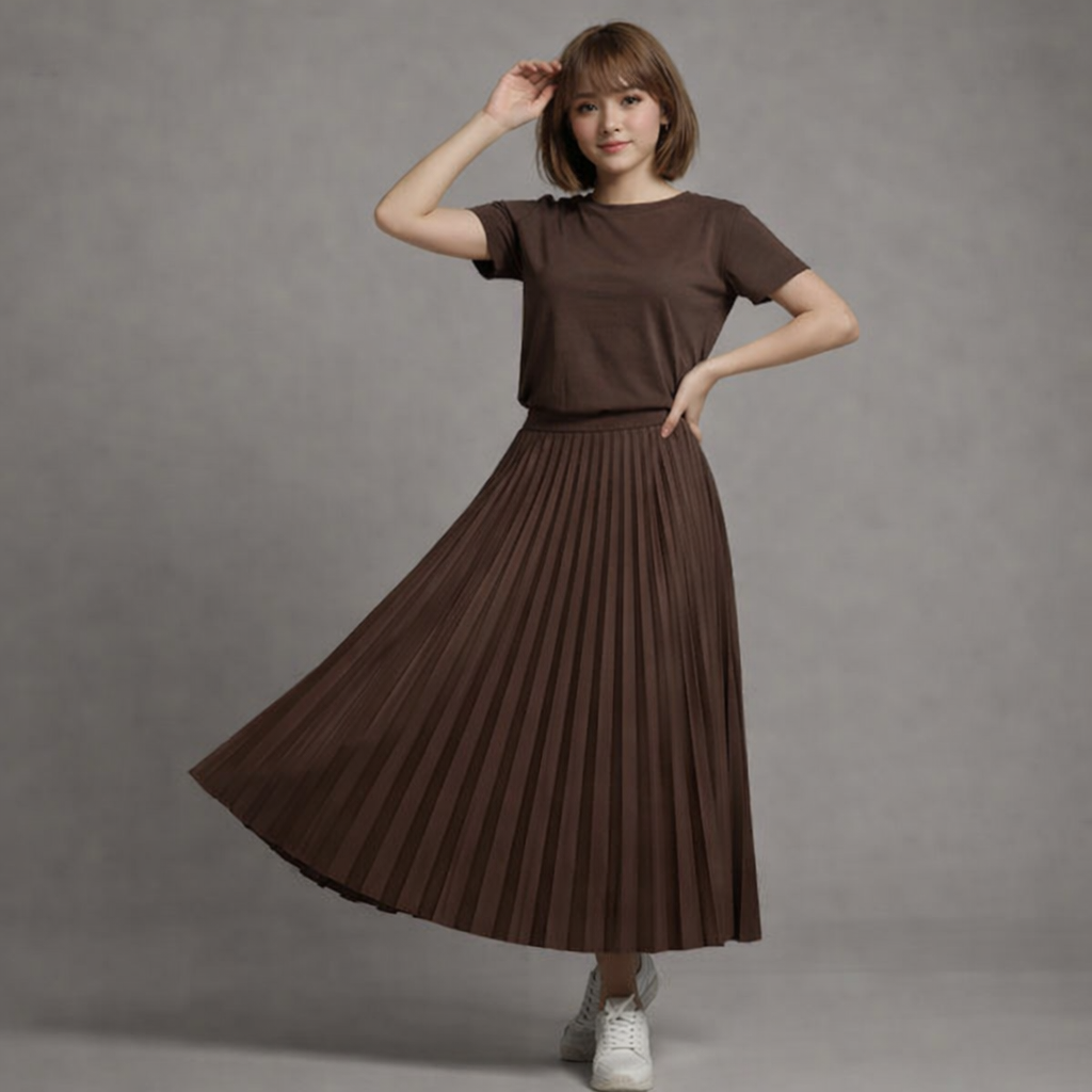 Dark Brown T-shirt with Coffee Brown Pleated Skirt