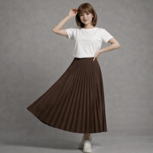 White T-Shirt with Coffee Brown Pleated Skirt