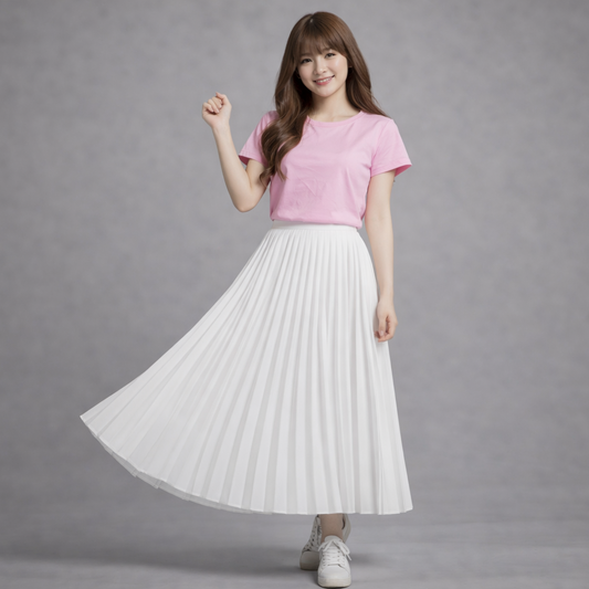 Blush Pink T-shirt with White Pleated Maxi Skirt
