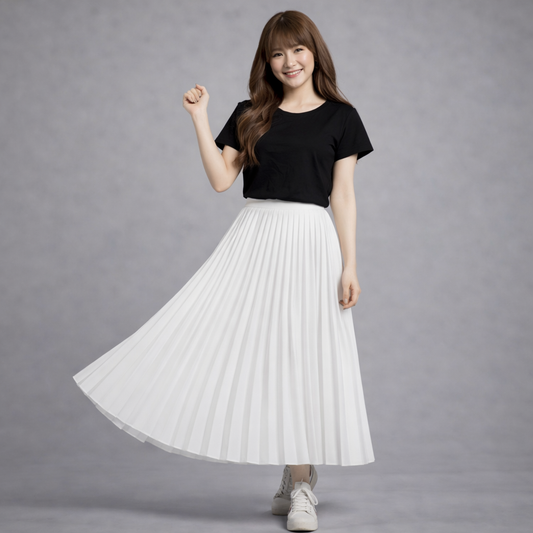 Black T-shirt with White Pleated Skirt