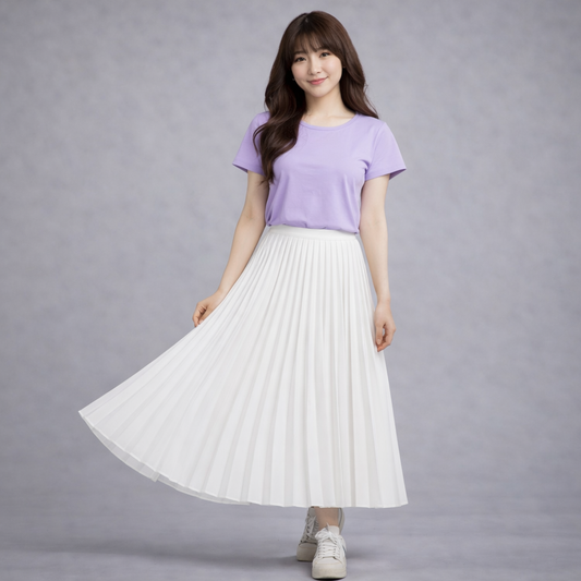 Lavender T-shirt with White Pleated Maxi Skirt