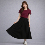 Maroon T-Shirt with Black Pleated Skirt