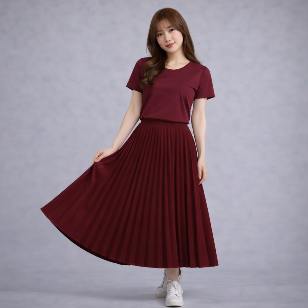 Burgundy T-shirt with Burgundy Pleated Maxi Skirt