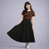 Brown T-shirt with Black Pleated Skirt
