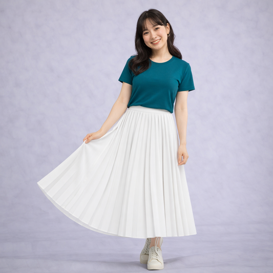 Teal T-shirt &  White Pleated Maxi Skirt