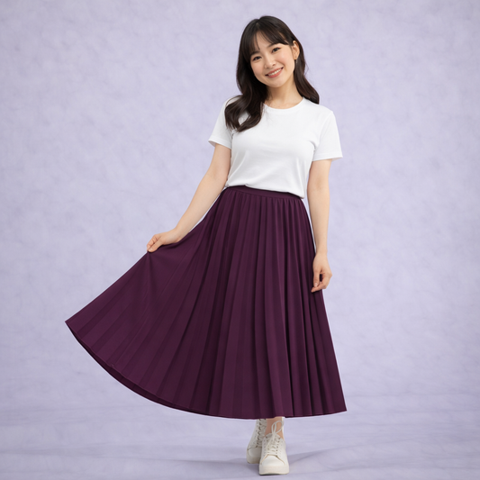 White T-shirt with Plum Pleated Skirt