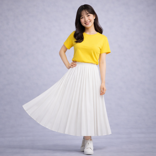 Yellow T-Shirt & white Pleated Maxi Skirt Set