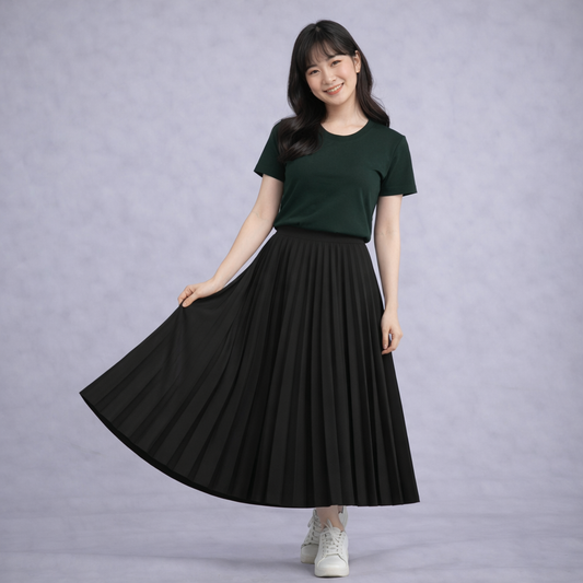 Forest Green T-shirt  with Black Pleated Maxi Skirt