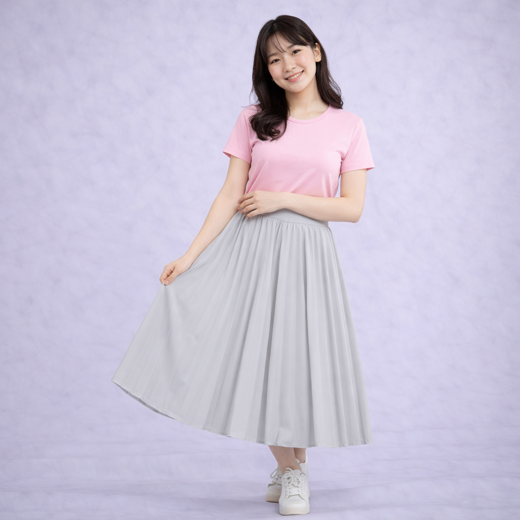 Baby Pink T-shirt withLight grey Pleated Skirt