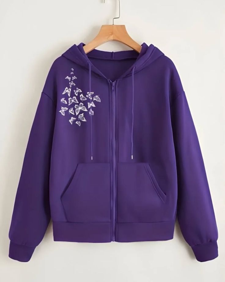 Floral Embroidered Zipper Hoodie – Violet Purple