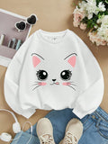 White Cute Cat Face Graphic Sweatshirt