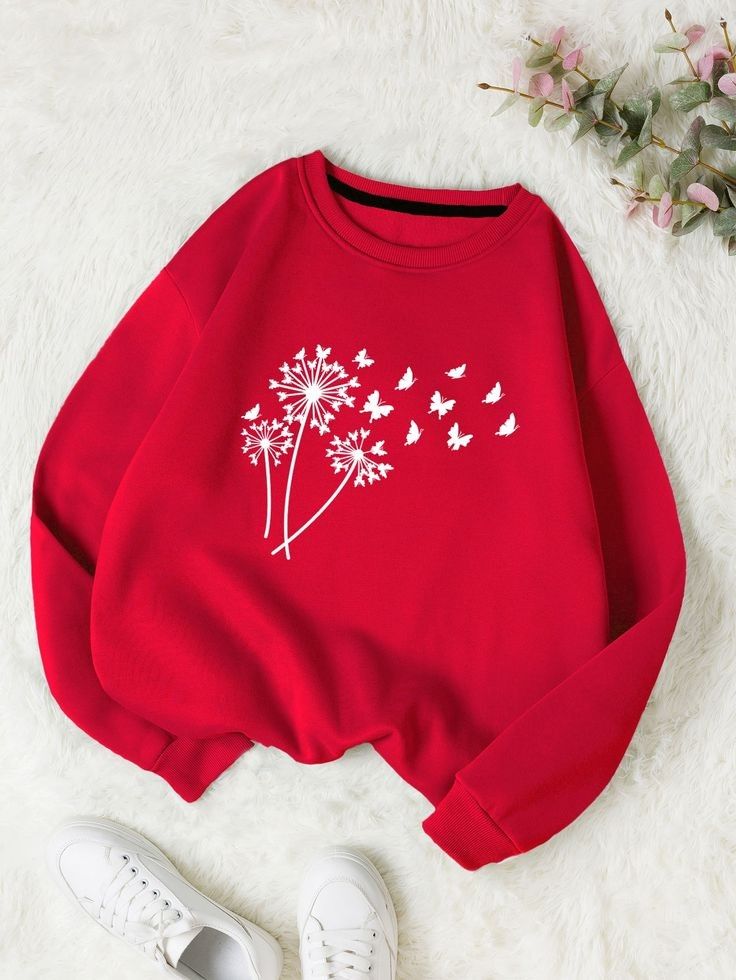Red Dandelion Birds Print Sweatshirt