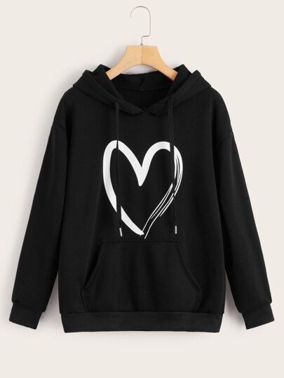 Black Hoodie with Bold White Heart Print