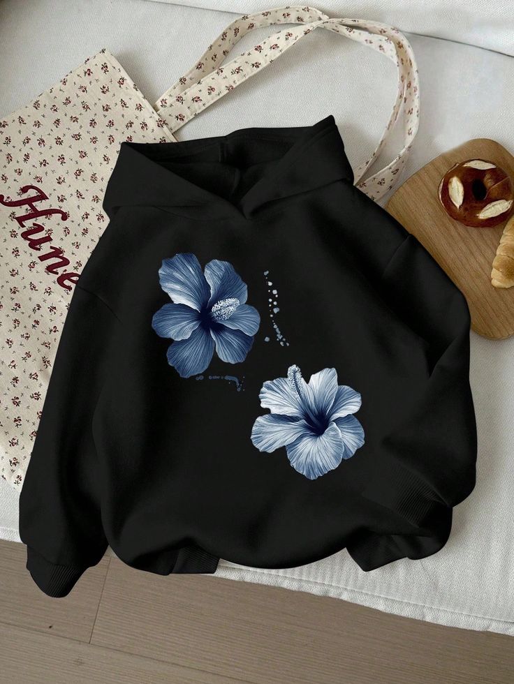 Blue Floral Black Hoodie