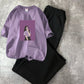 Purple Graphic Tee & Black Trouser Combo - Soft Street Style
