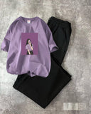 Purple Graphic Tee & Black Trouser Combo - Soft Street Style
