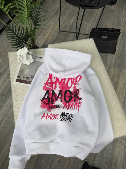 White Hoodie – ‘Amor Amour’ Red Graffiti Style Print
