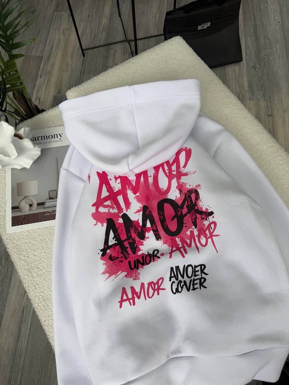 White Hoodie – ‘Amor Amour’ Red Graffiti Style Print