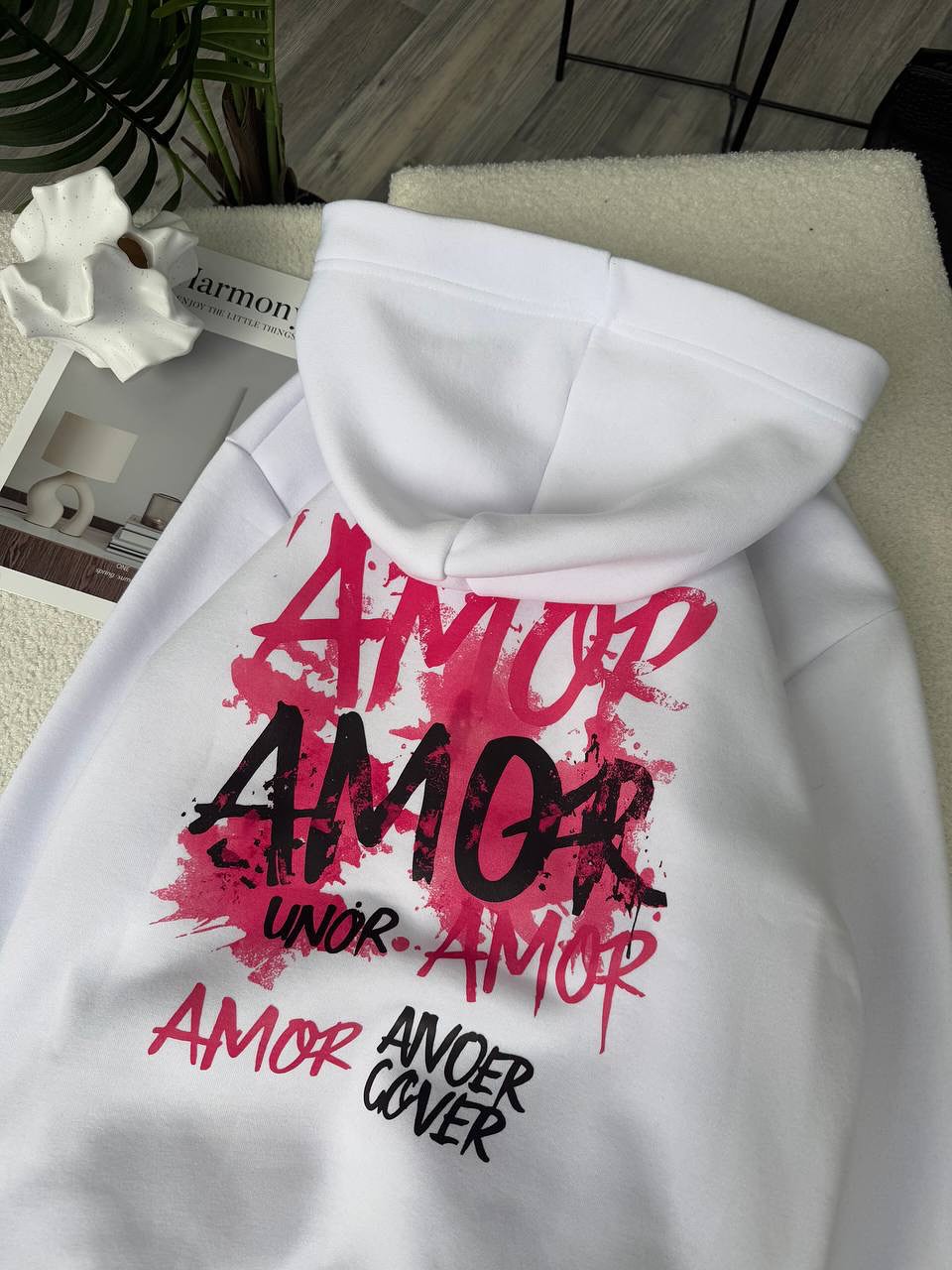 White Hoodie – ‘Amor Amour’ Red Graffiti Style Print