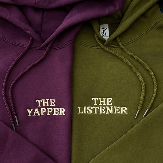 Olive & Purple Hoodie Set – The Yapper / The Listener Embroidered Pair