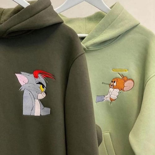 Green Hoodie – Tom & Jerry Embroidered Cartoon Design