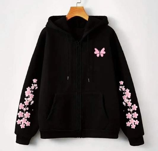 Black Zip-Up Hoodie – Pink Butterfly & Floral Sleeve Print