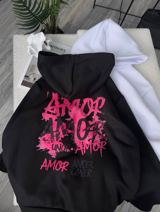 Black Hoodie – ‘Amor Amour’ Artistic Graffiti Print