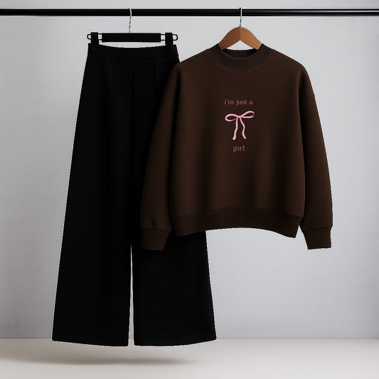 Minimalist Pink Bow Graphic Brown Sweatshirt & Black Trouser Outfit