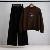 Minimalist Pink Bow Graphic Brown Sweatshirt & Black Trouser Outfit