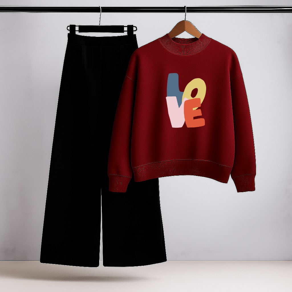 LOVE Typography Graphic Red Sweatshirt & Black Wide-Leg Trouser Set