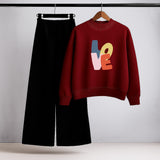 LOVE Typography Graphic Red Sweatshirt & Black Wide-Leg Trouser Set
