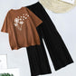 Rust Brown Floral Tee & Black Trouser Set - Boho Spirit