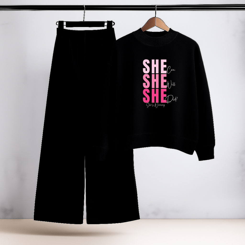 SHE SHE Bold Black Sweatshirt & Trouser Set