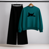 Silhouette Cat Teal Sweatshirt & Trouser Set