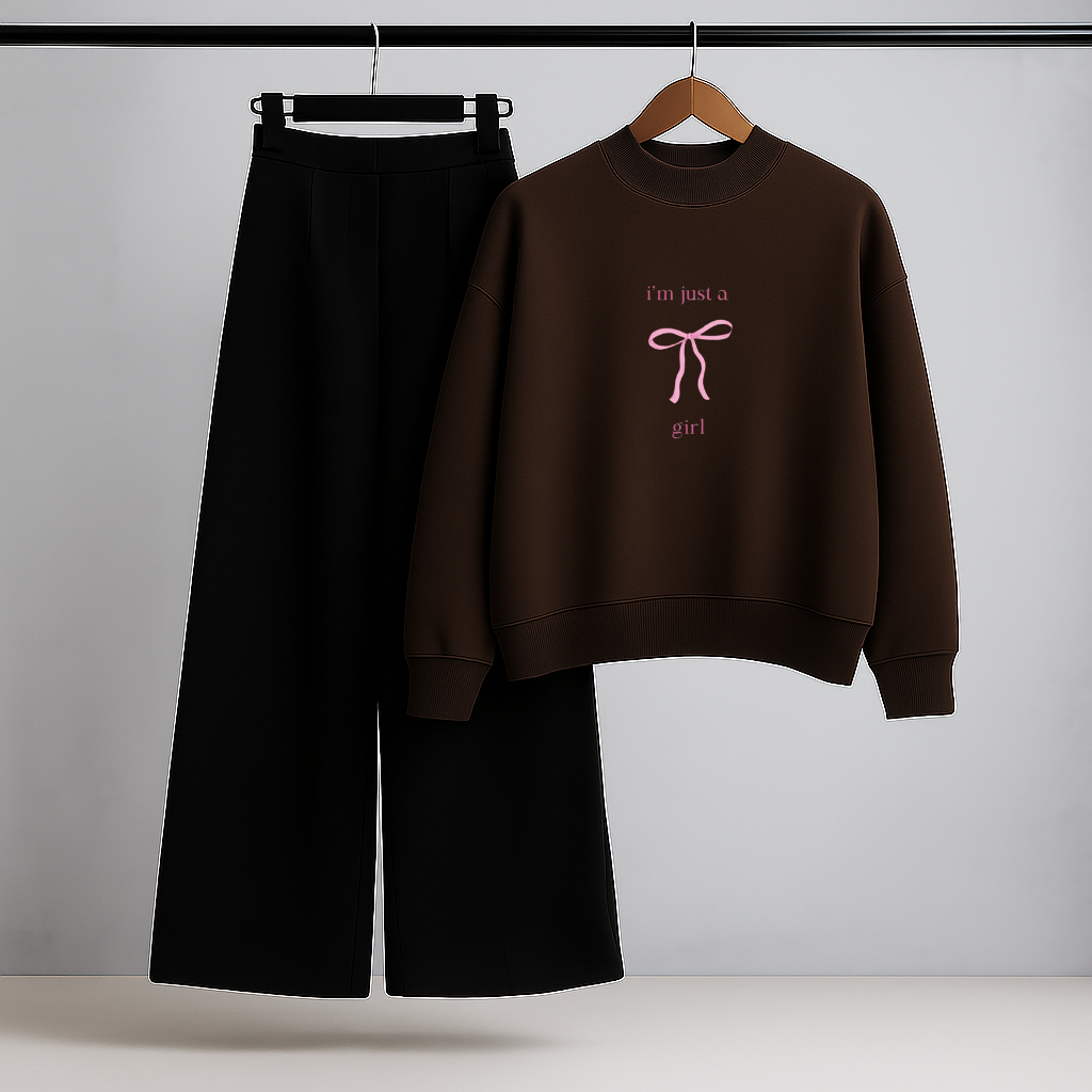Pink Bow Brown Sweatshirt & Trouser Combo